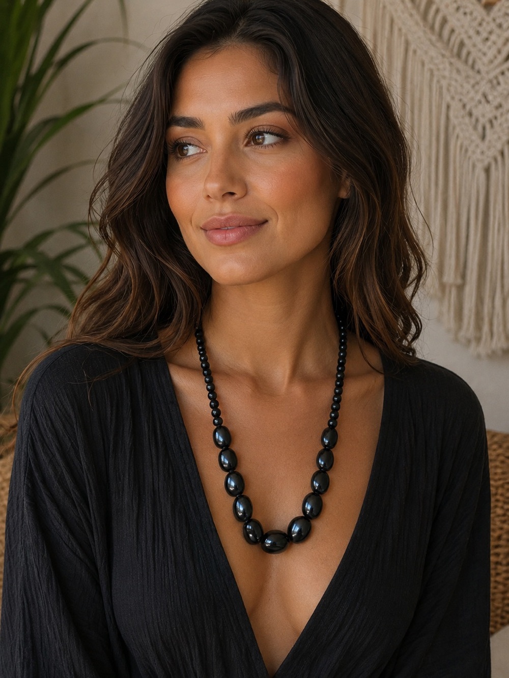 Black Beaded Women's Necklace - Classic Bead Strand